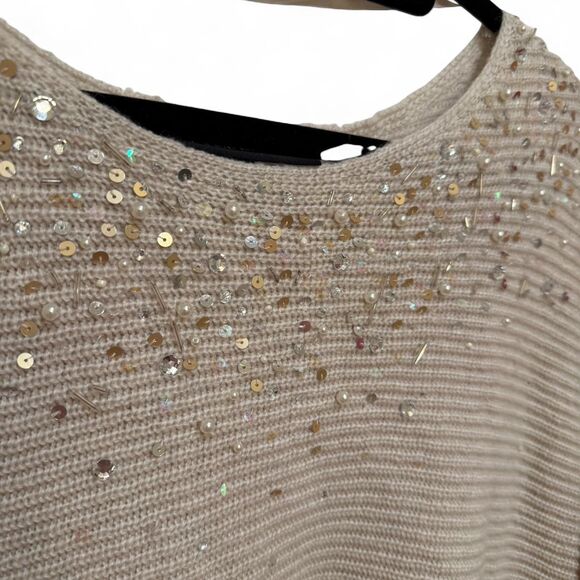 Lane Bryant Women's Beige Cream Sparkle Gold Sequin Pearl Embellished Sweater - Picture 4 of 6